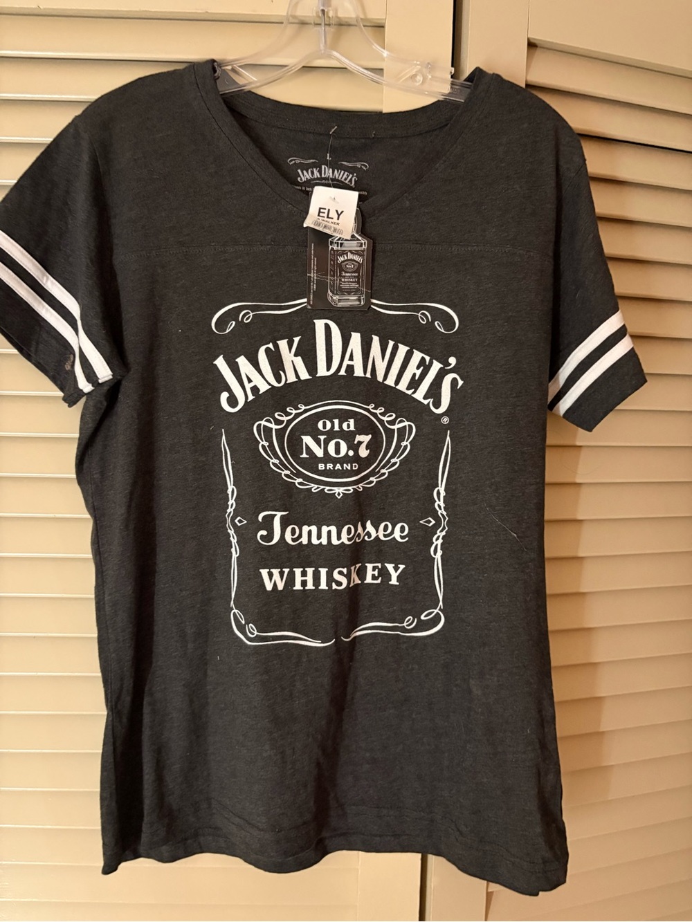 Jack Daniels Black Graphic Tennessee Whiskey Tee with White Stripe Sleeves